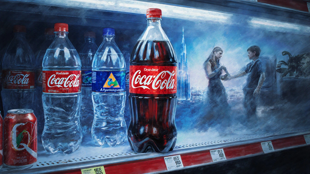 2-liter Coke bottle on a supermarket shelf beside local soda alternatives, with symbolic price contrasts in the background.