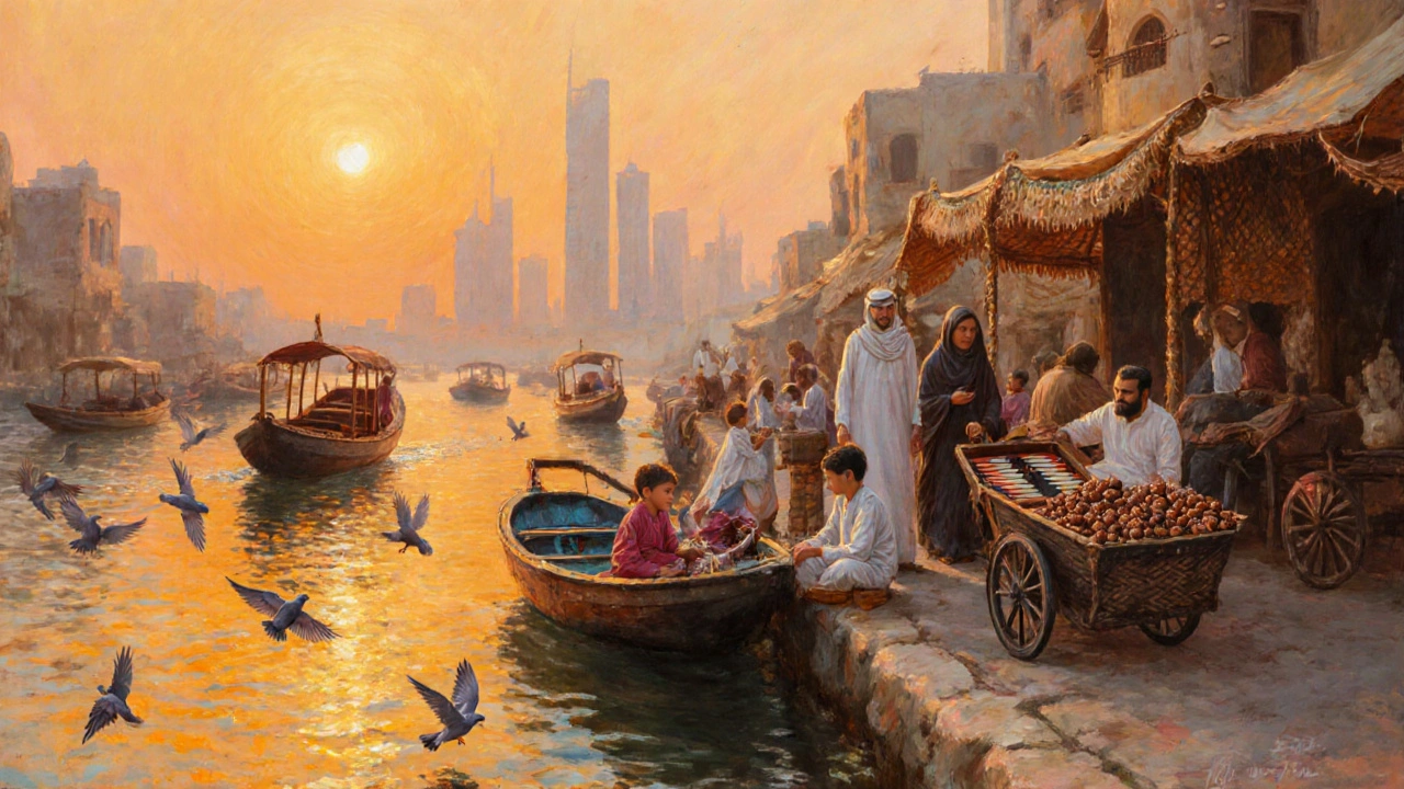 A family at sunset by Dubai Creek watching traditional boats float by, children chasing pigeons.