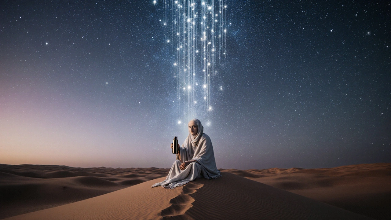 A solitary person sitting on a desert dune under a sky filled with falling stars at twilight.