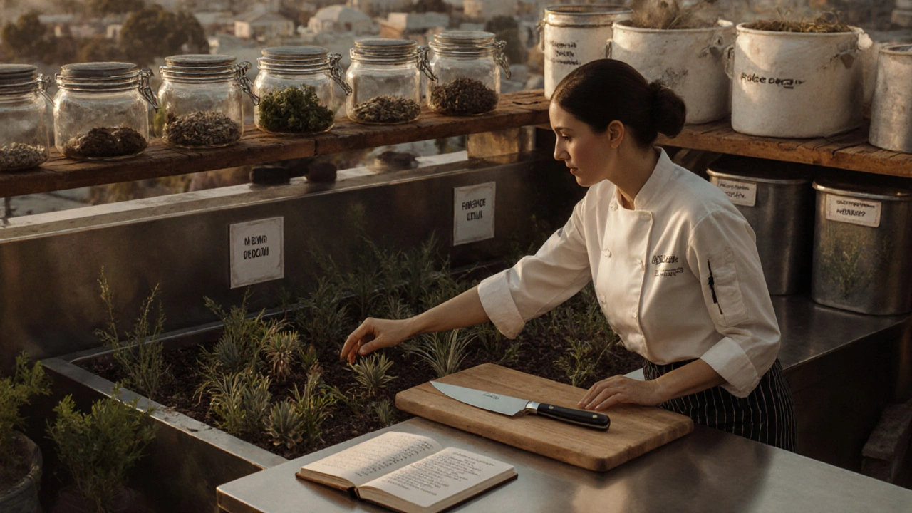 Chef Dominique Crenn tending a rooftop garden of desert herbs and Emirati ingredients at dawn.