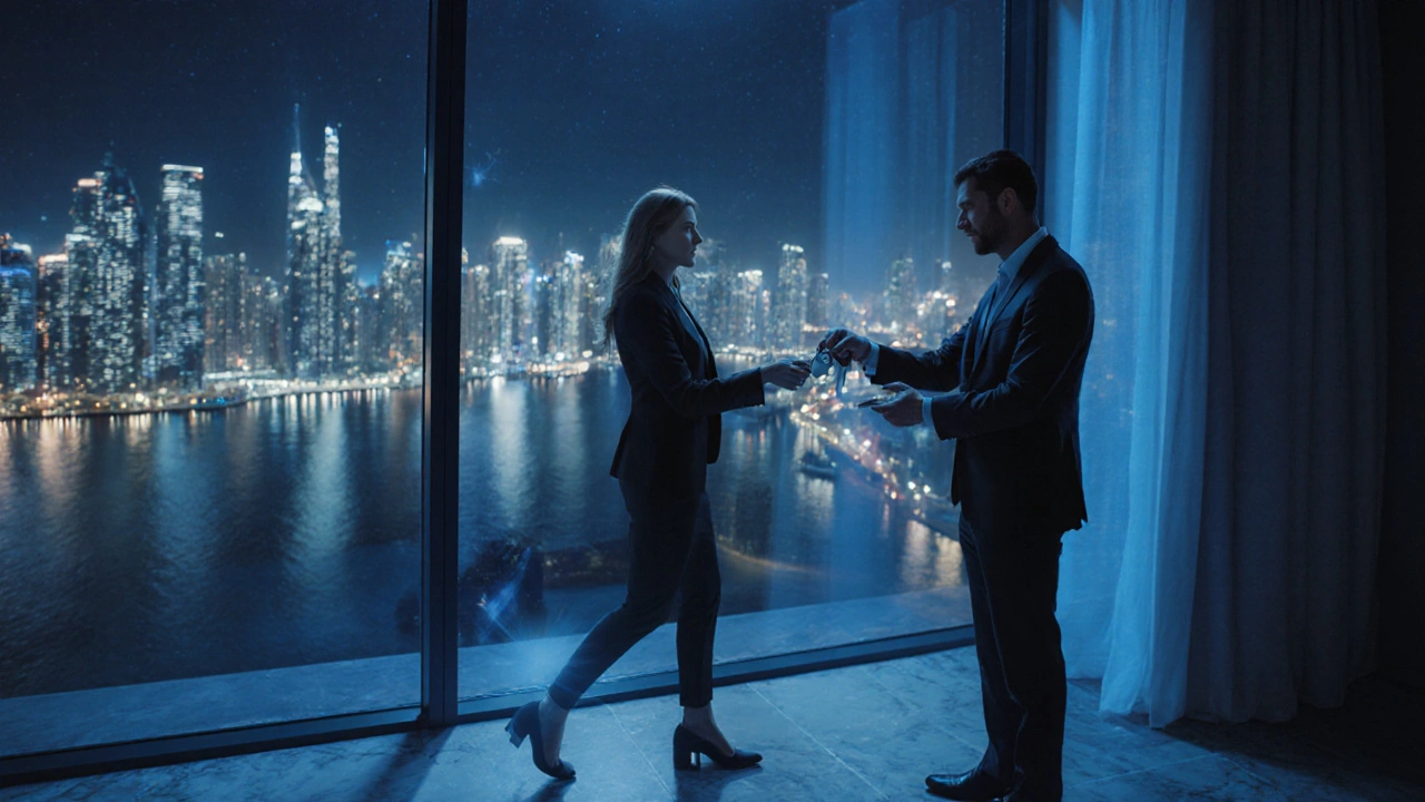 Client receiving keys in a modern apartment with night view of Dubai Creek Harbour.