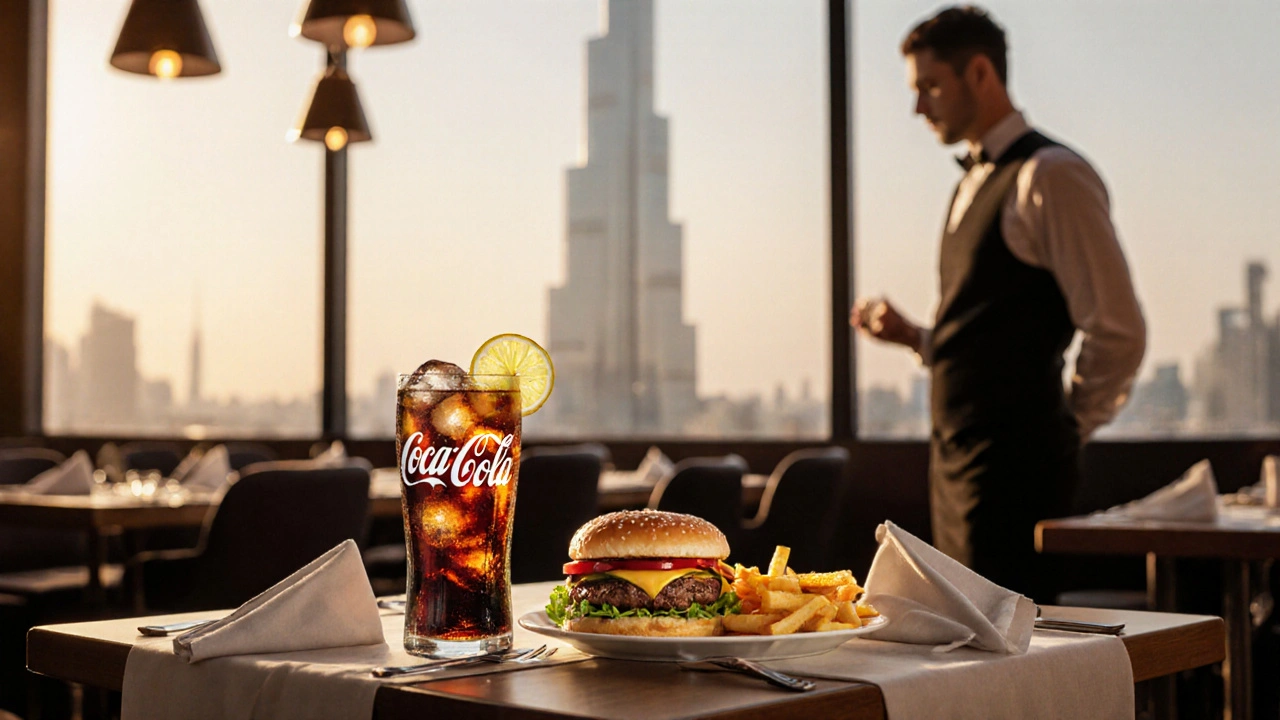 Coke served in a glass with ice and lemon at a restaurant in Downtown Dubai, Burj Khalifa visible through the window.