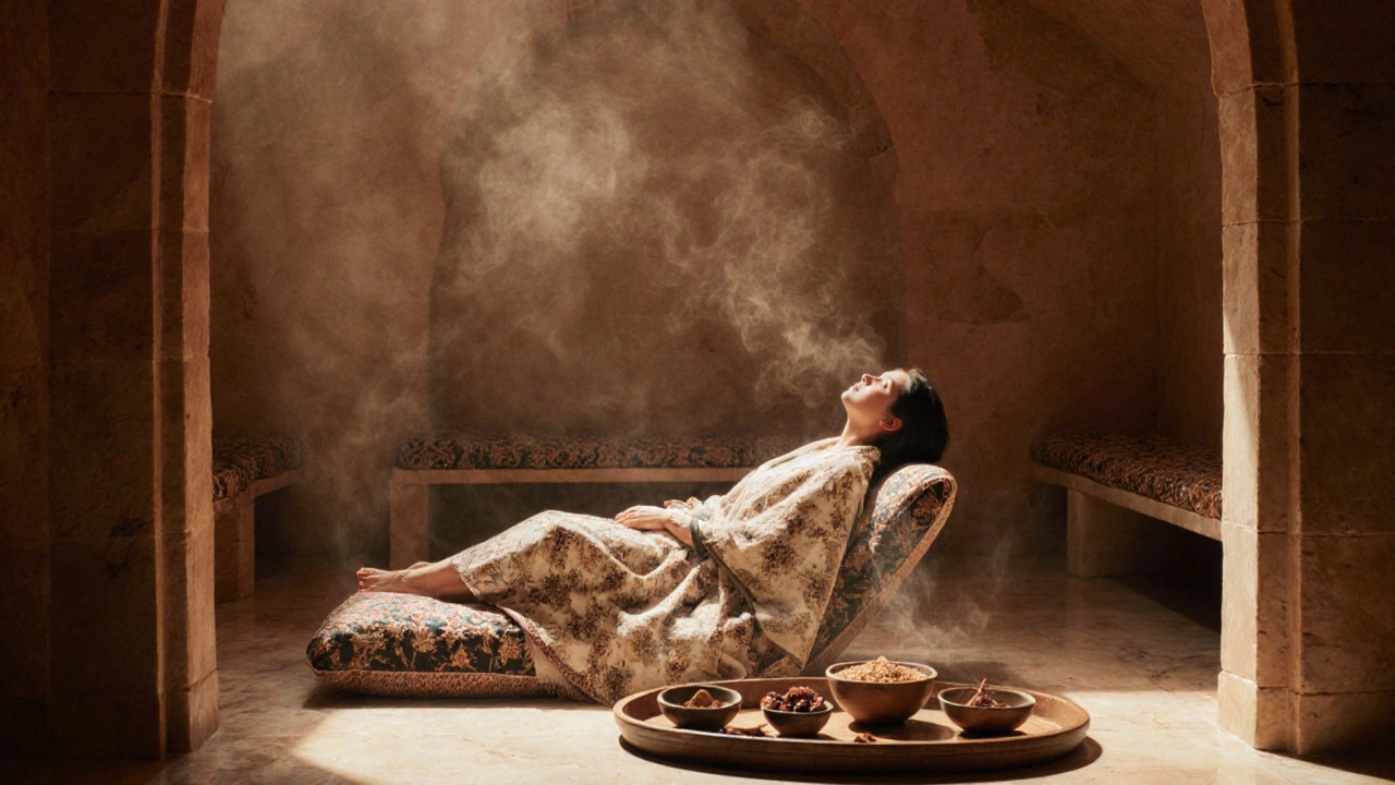Desert Hammam interior with steam, stone walls, and a relaxed guest.