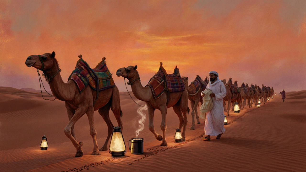 Eco‑camel trek at dusk with camels, guide holding a biodegradable trash bag, and portable cooker.