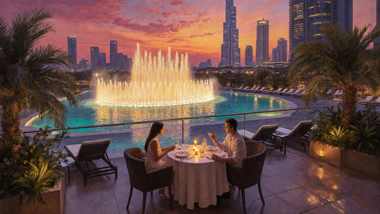 Evening rooftop dinner overlooking the illuminated Dubai Fountain at sunset.