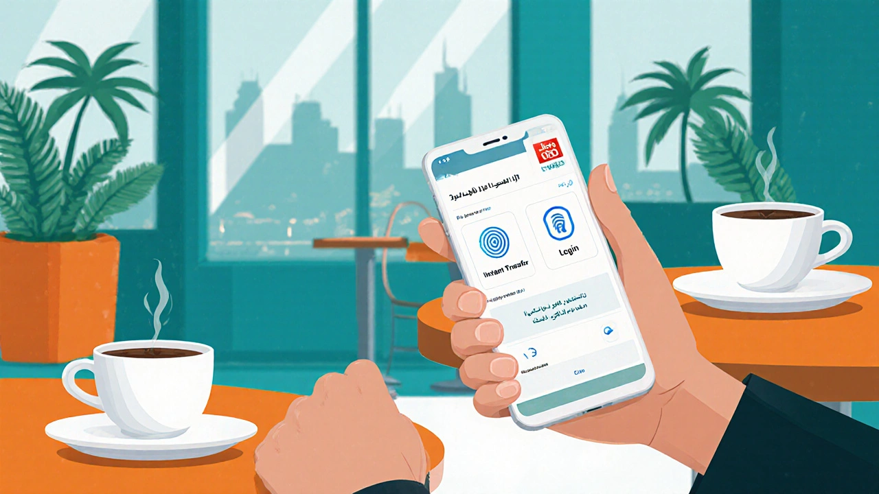Expat using Emirates NBD app on smartphone in a stylish café.