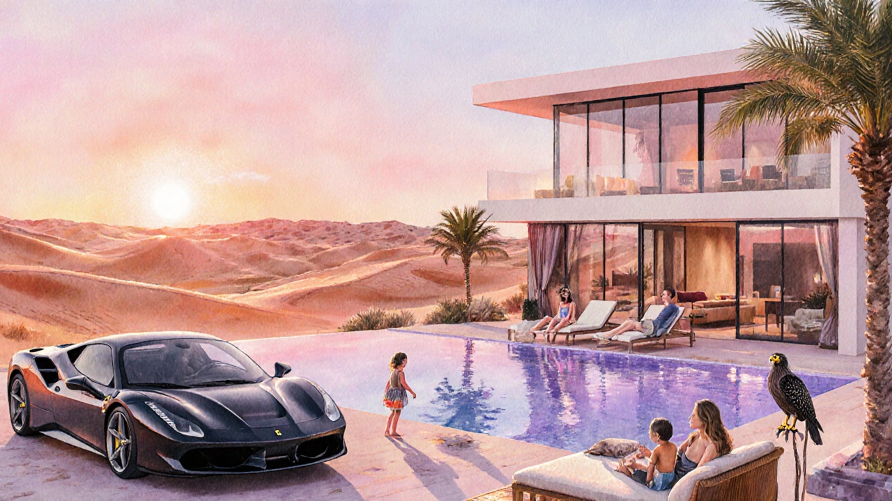 Family enjoying a sunset at a luxury desert villa with pool, cars, and falcon, representing upscale lifestyle.