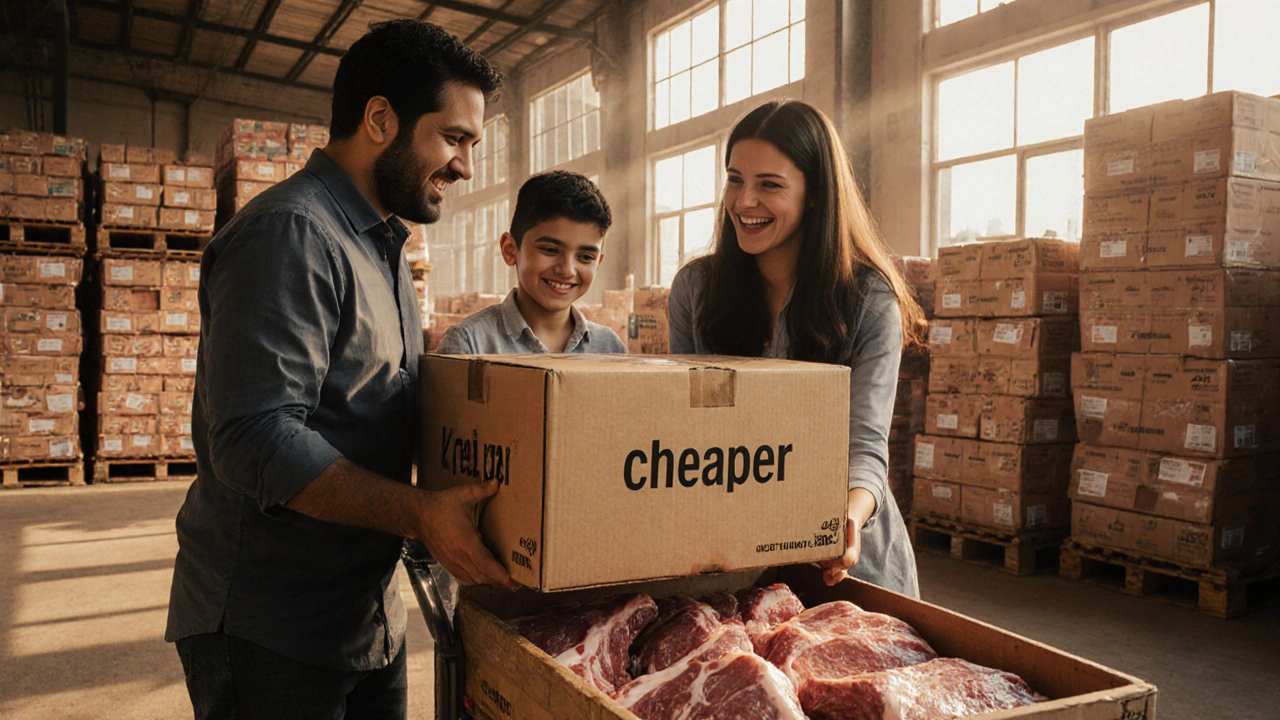 Family loading a bulk meat box at a Dubai wholesale market, comparing cuts.