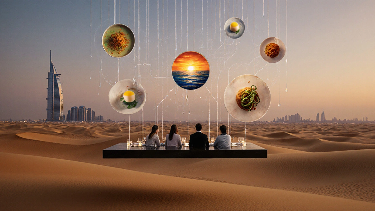 Floating culinary courses above Dubai’s desert dunes, connected by glowing threads to silent diners.