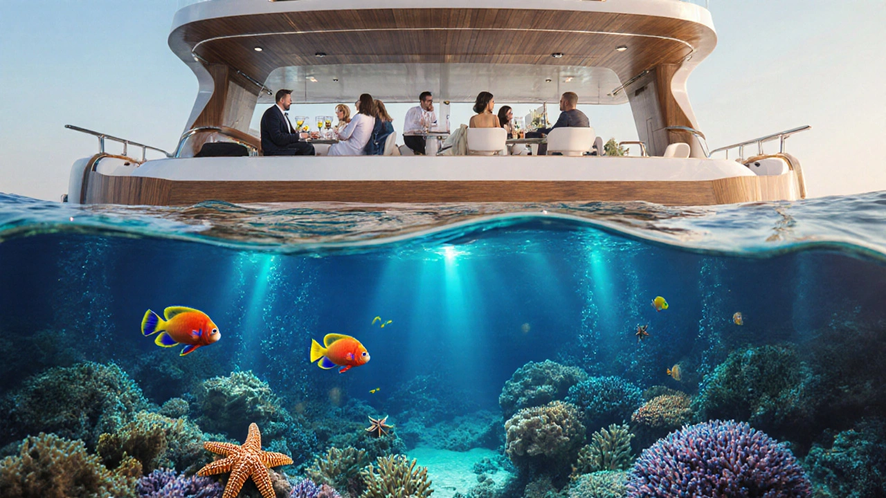 Glass-bottom yacht deck showing colorful fish and coral reefs below while guests relax above on the deck.