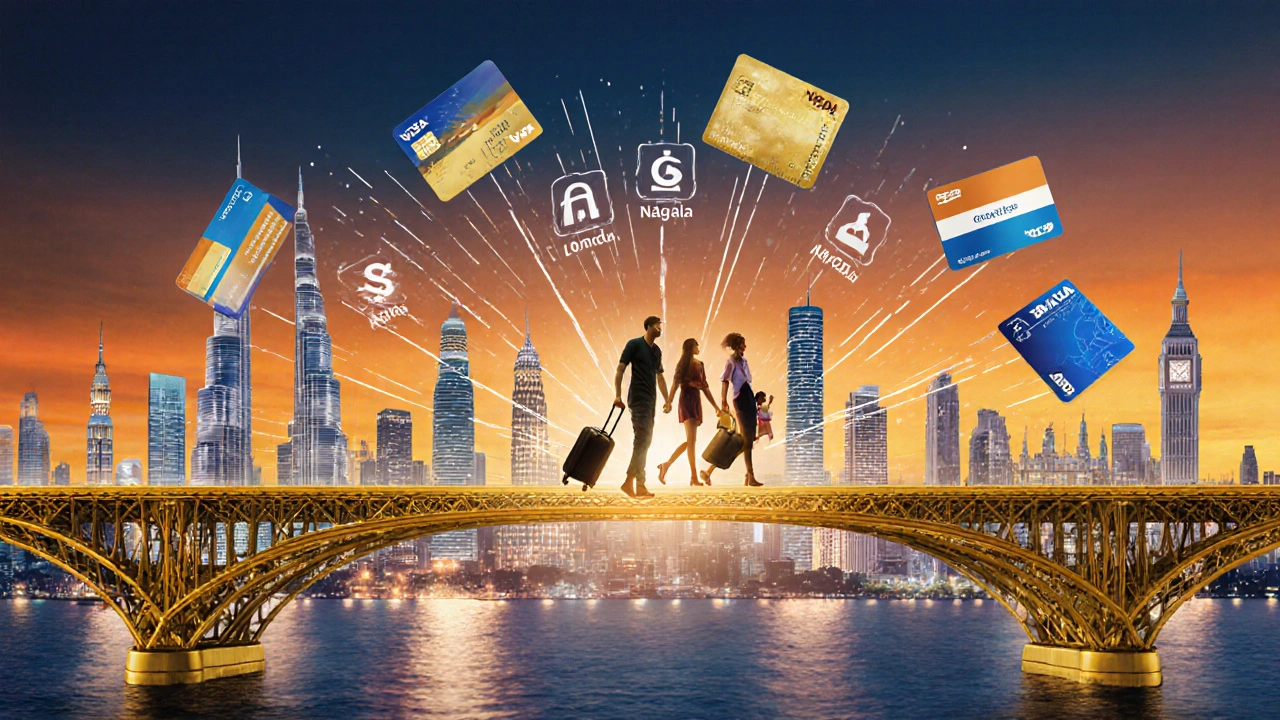 Golden bridge of payment cards linking Dubai to global cities, symbolizing international money transfers.