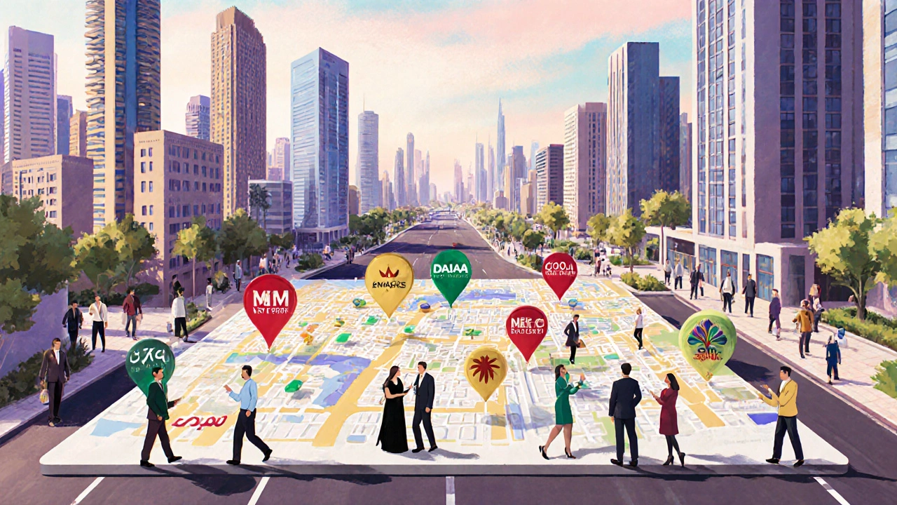 Illustrated collage of Dubai developments with agents from top agencies interacting.