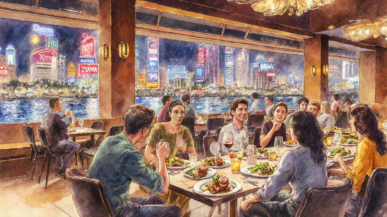 Illustrated scene of friends dining at Bread Street Kitchen with Dubai Marina nightlife.