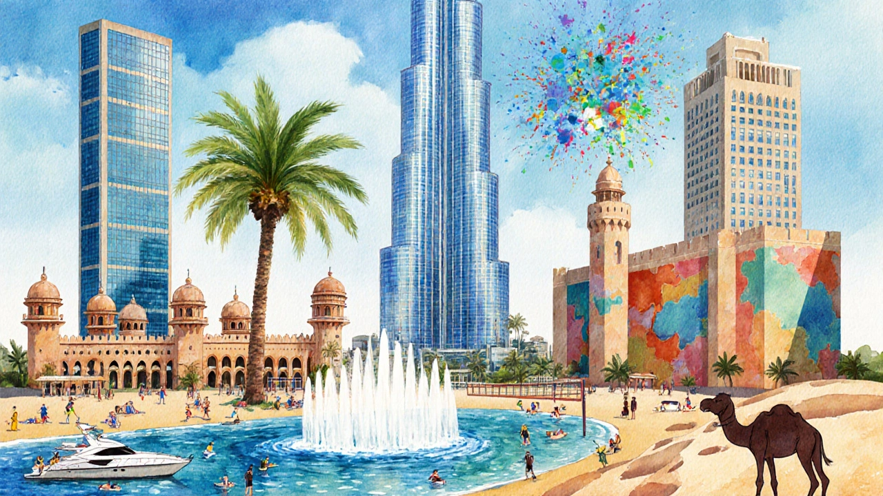 Illustrated travel poster featuring Dubai’s top ten attractions in vibrant colors.