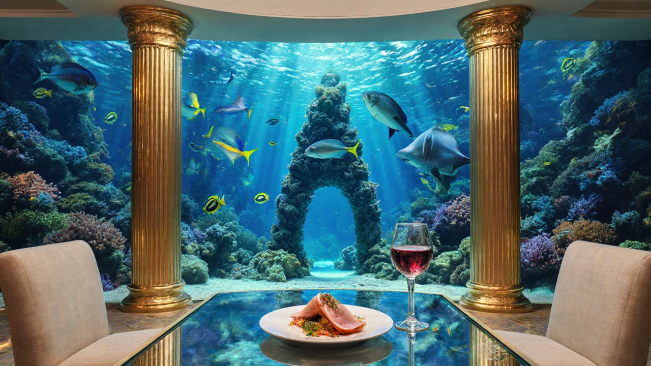 Illustration of Al Mahara underwater restaurant with aquarium and elegant dining table.