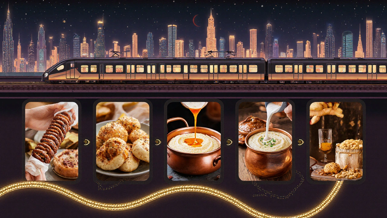 Illustration showing Dubai's diverse food culture connected to the metro, with dishes like shawarma and machboos.