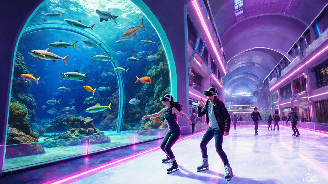 Inside Dubai Mall showing aquarium tunnel, VR park visitors, and an ice rink.