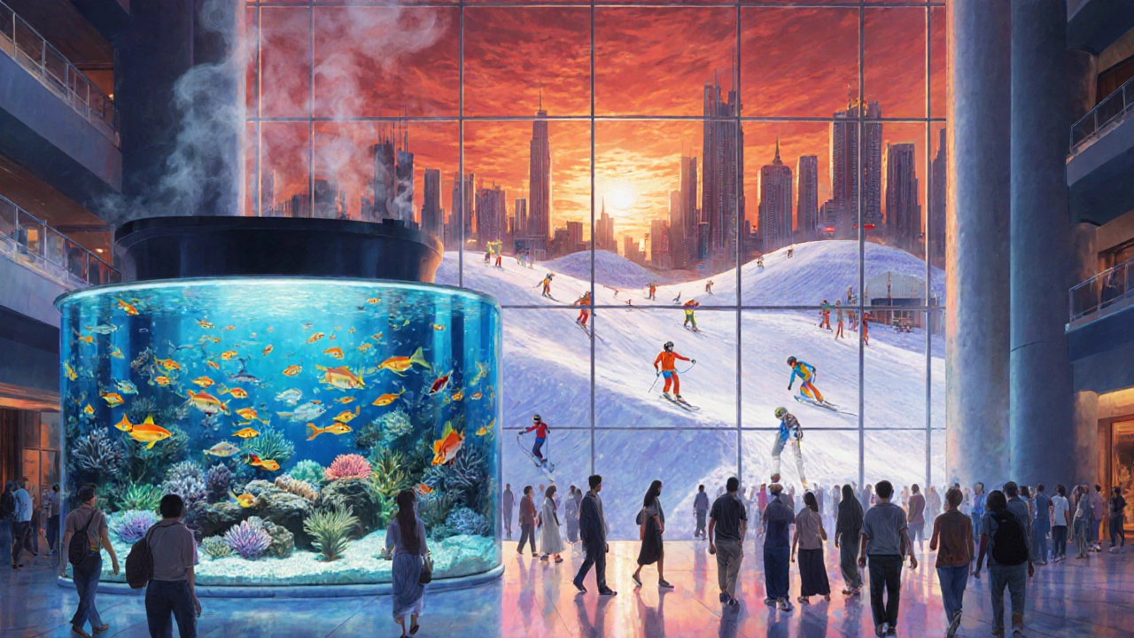 Inside Dubai Mall showing cool aquarium and ski area, contrasted with hot desert view through glass.