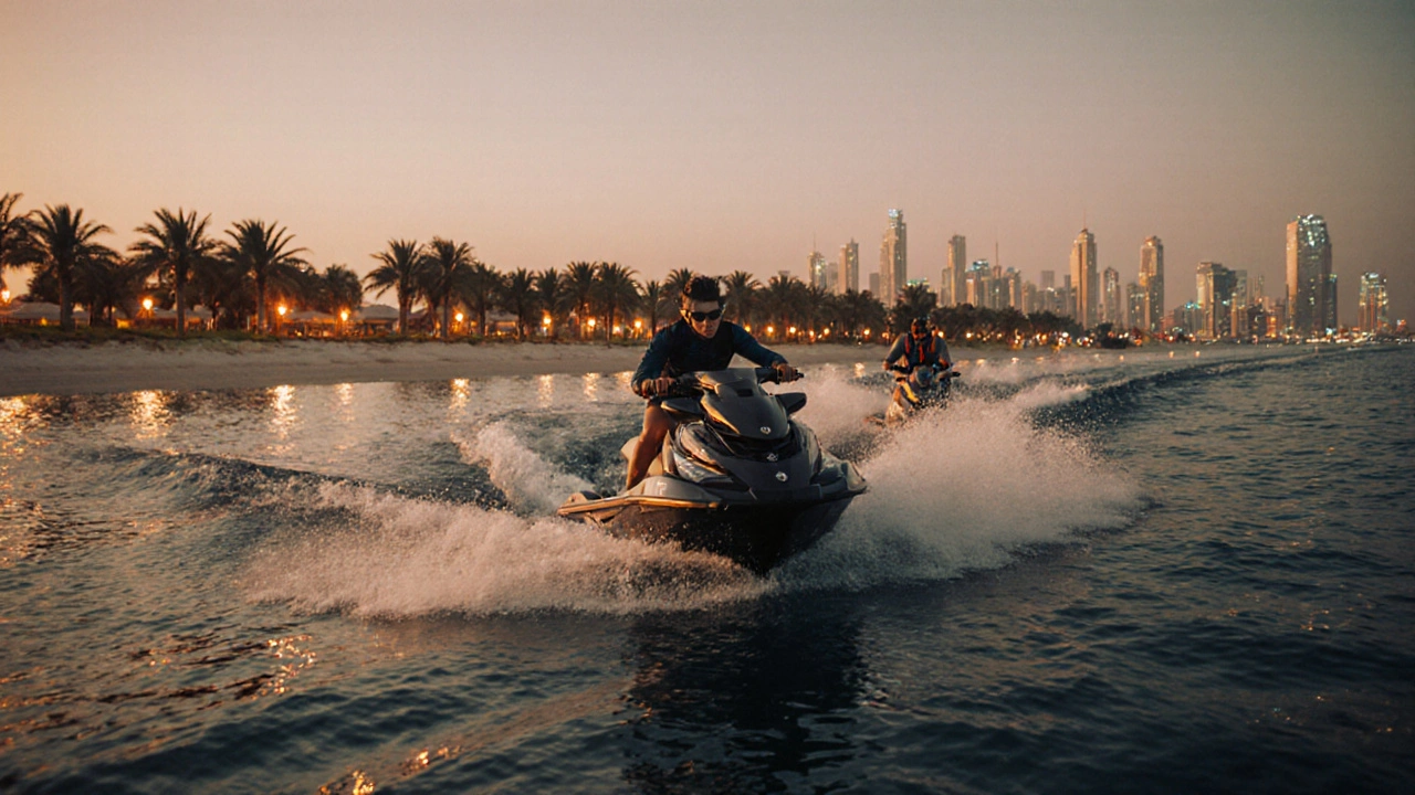 Jet‑ski riding along Palm Jumeirah at sunset with city lights and illuminated beaches.