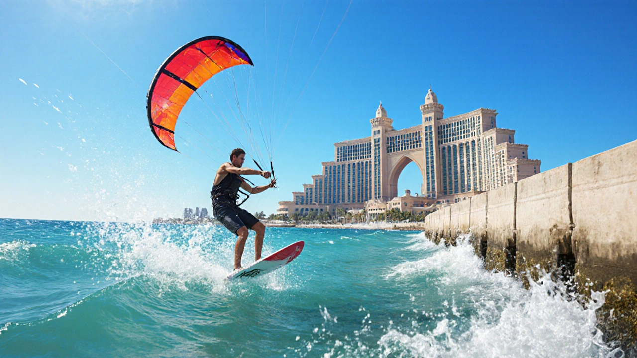 Kitesurfer flying a colorful kite near the outer rim of Palm Jumeirah under a bright sky.