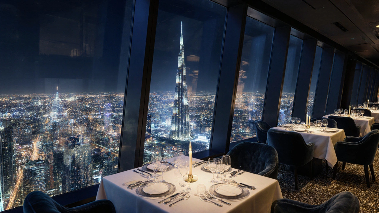 Luxurious high‑rise dining room overlooking Burj Khalifa at night.
