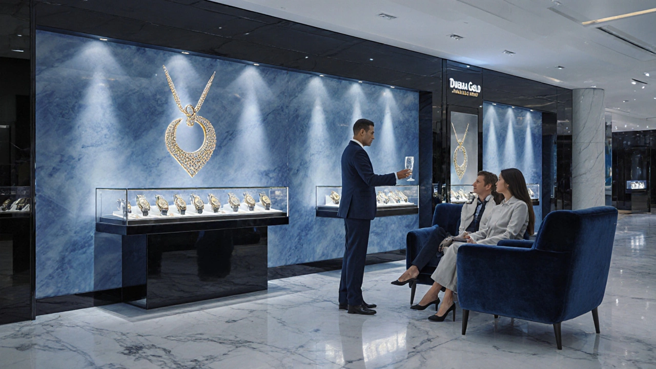 Luxury boutique interior displaying diamond jewelry and a sales associate serving a couple.