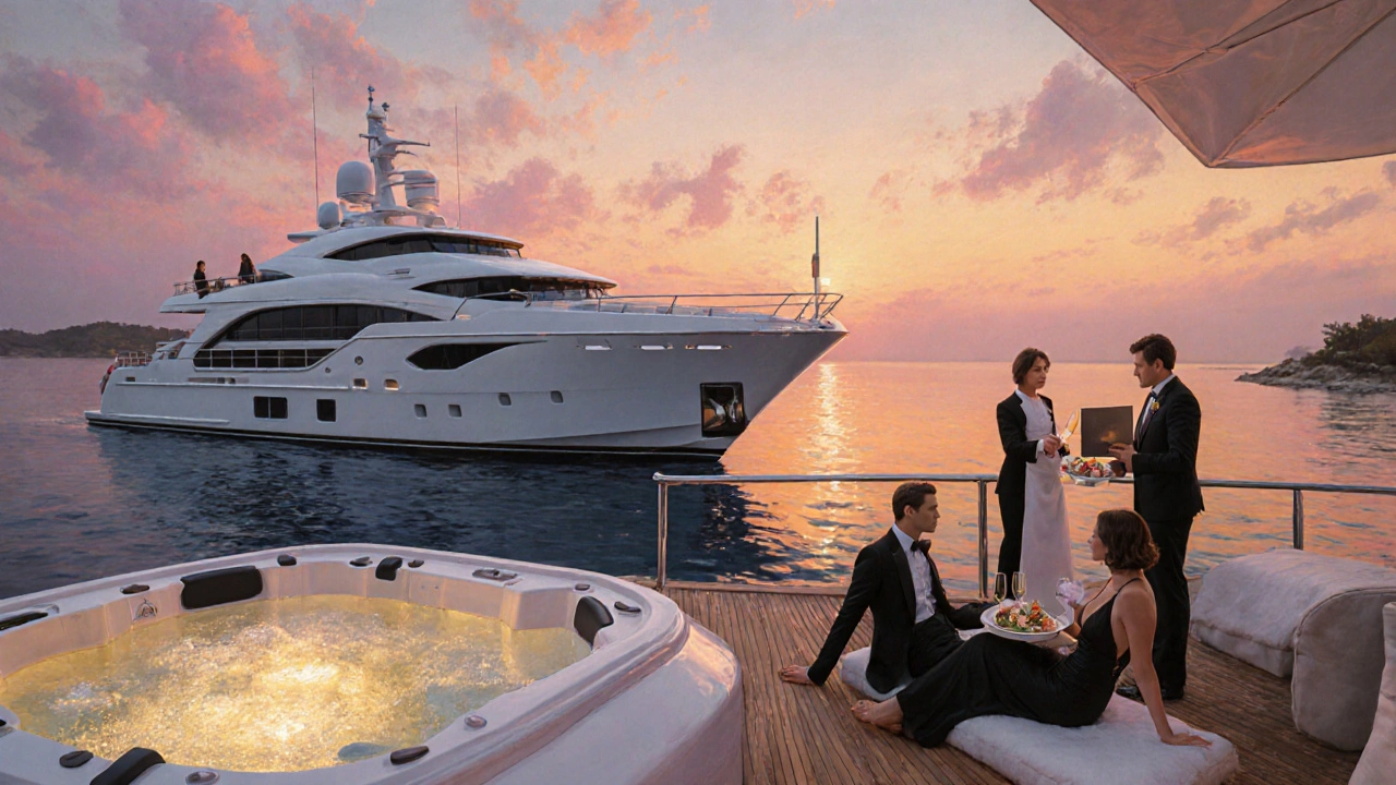 Luxury super‑yacht at sunset with guests, jacuzzi, and concierge on a private beach.