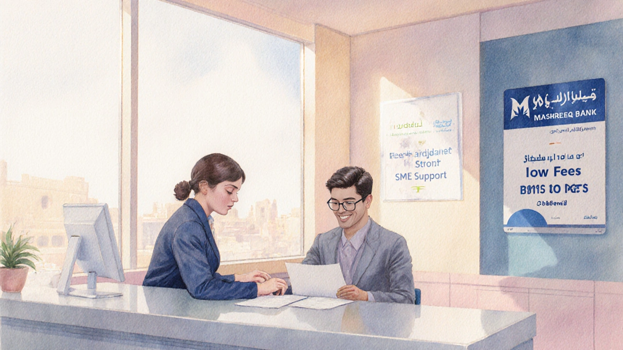 Mashreq Bank teller assisting a small business owner inside the branch.