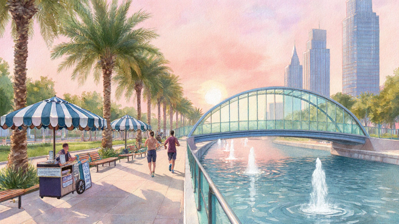 Morning watercolor of Canal Promenade with shaded path, joggers, and a bridge.