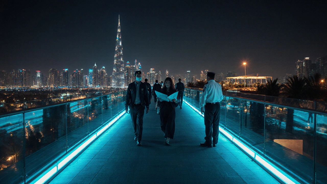 Night scene of Al Khail sky-walk lit by LEDs, with walkers and security.