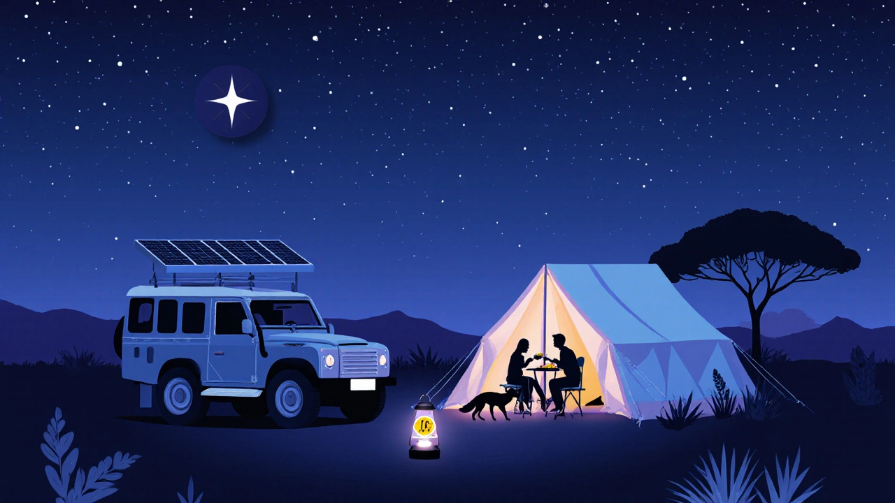 Night scene of sustainable camping with solar 4x4, lanterns, and a fennec fox nearby.