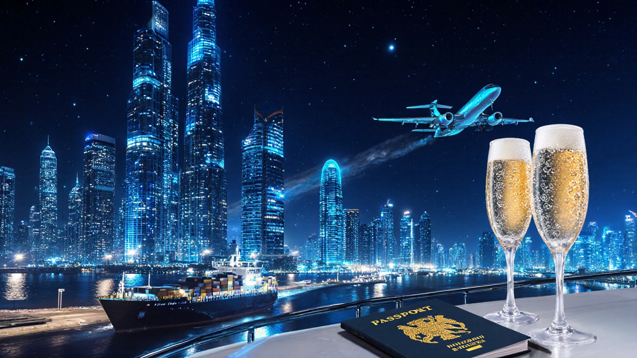 Night view of Dubai’s business hub with illuminated towers, cargo ships, private jet, and yacht celebrating success.