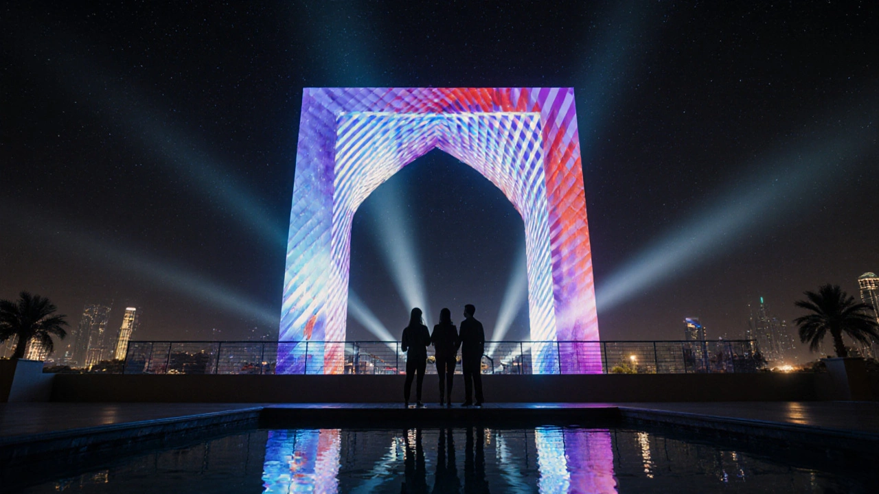 Nightlight show on Dubai Frame with family silhouettes watching.
