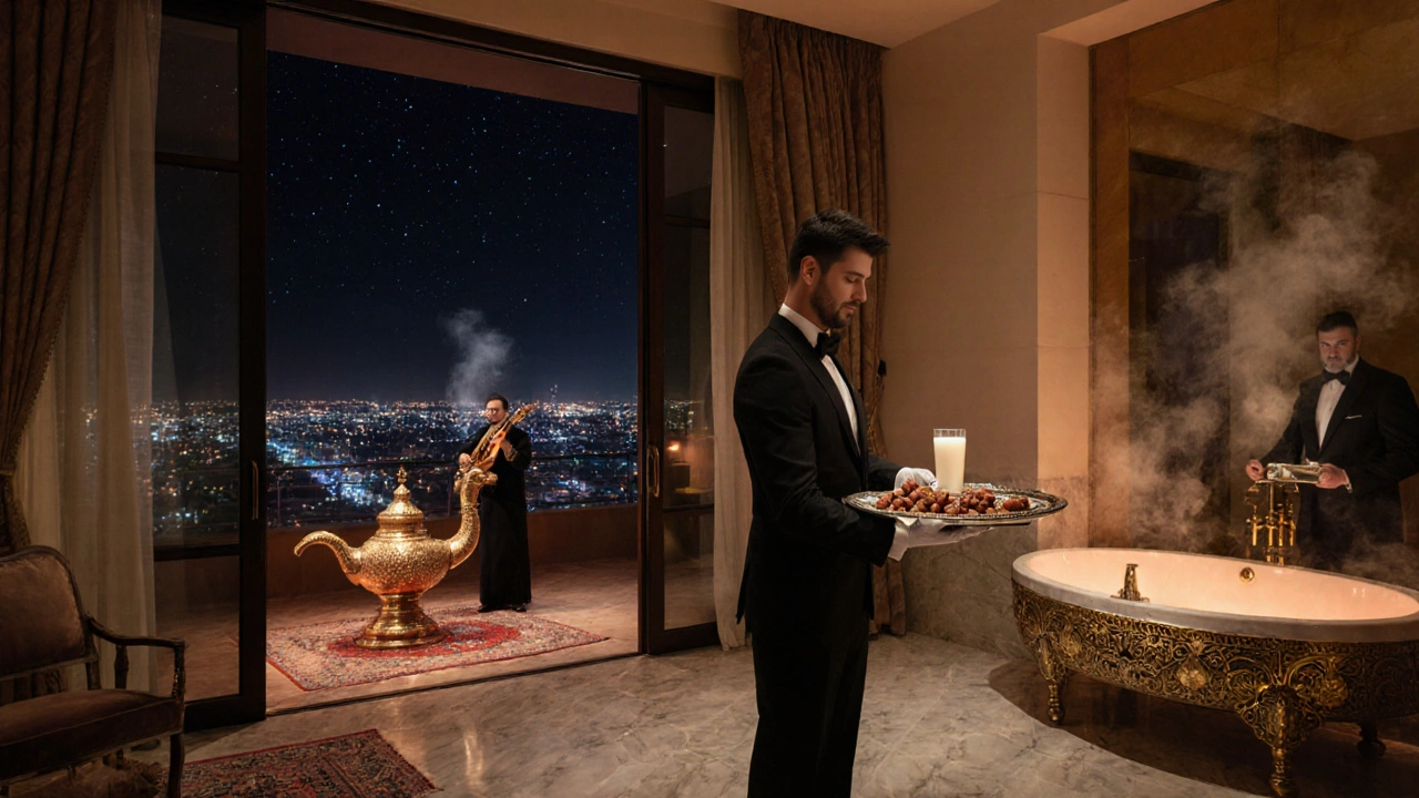 Nighttime suite scene with butler offering dates, lamp‑shaped bathtub, and rooftop oud musician.