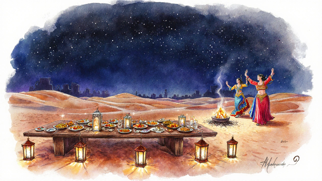 Open‑air desert restaurant under starry sky with lanterns and diners.