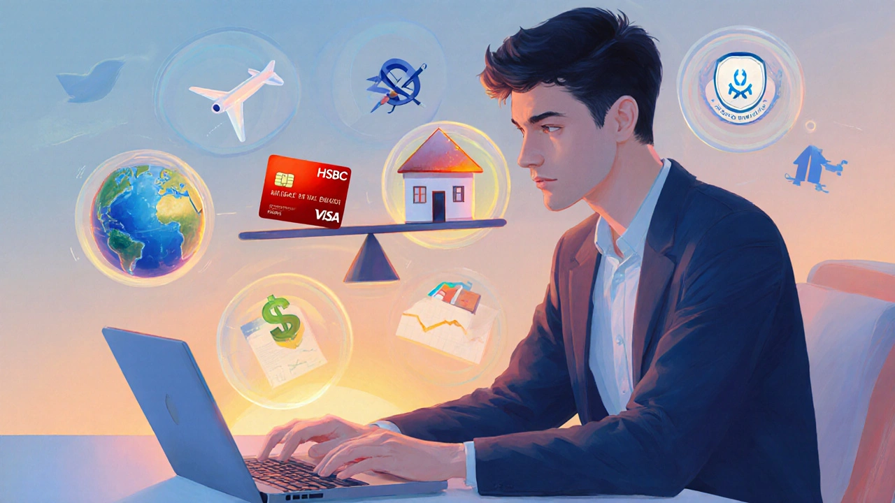 Person at a laptop surrounded by travel, credit‑card, house, and budgeting icons on a scale.