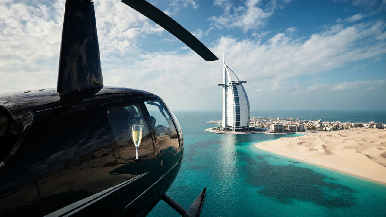 Private helicopter flying over Palm Jumeirah and Burj Al Arab with champagne visible.