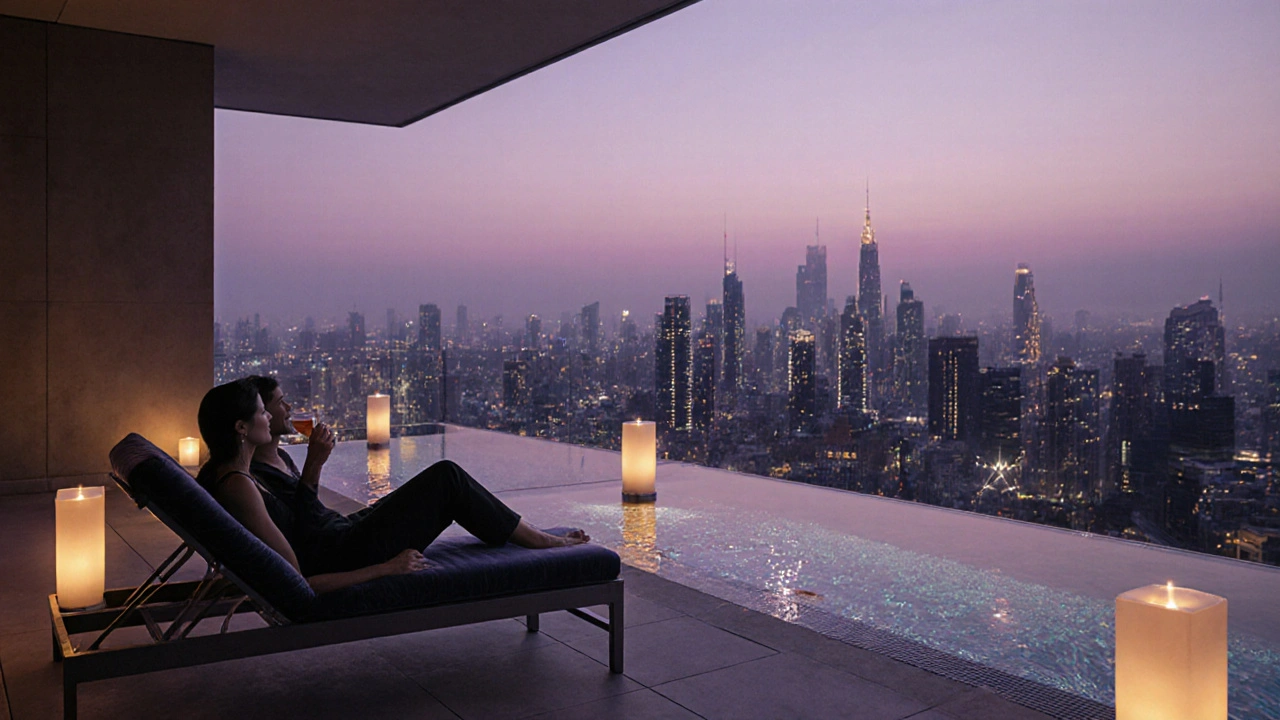Rooftop spa at dusk with city skyline, infinity pool and couple lounging.