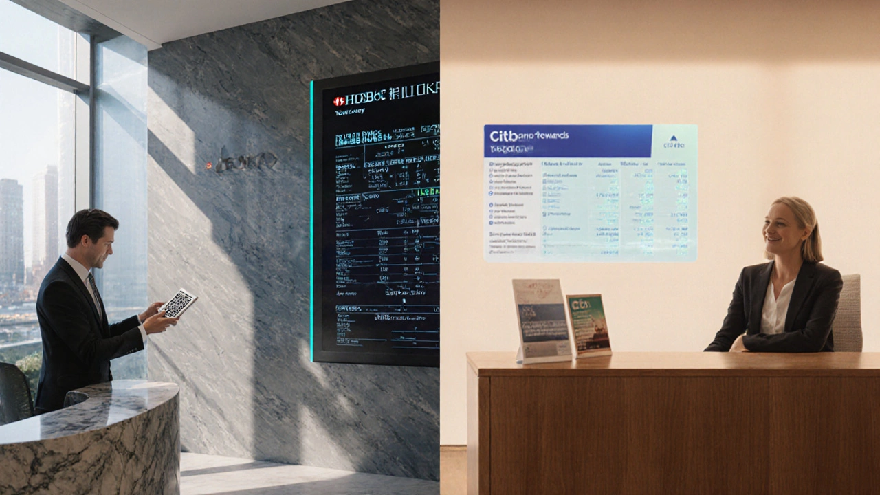 Side‑by‑side view of an HSBC branch with QR code and a Citibank office with mortgage adviser in Sydney.