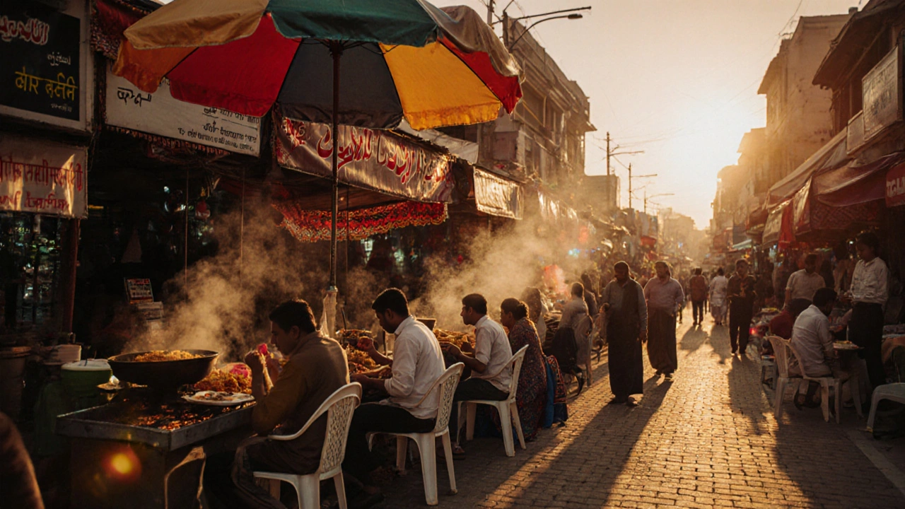 Street food stalls outside Al Rigga Metro Station with steaming biryani and chai under colorful umbrellas.