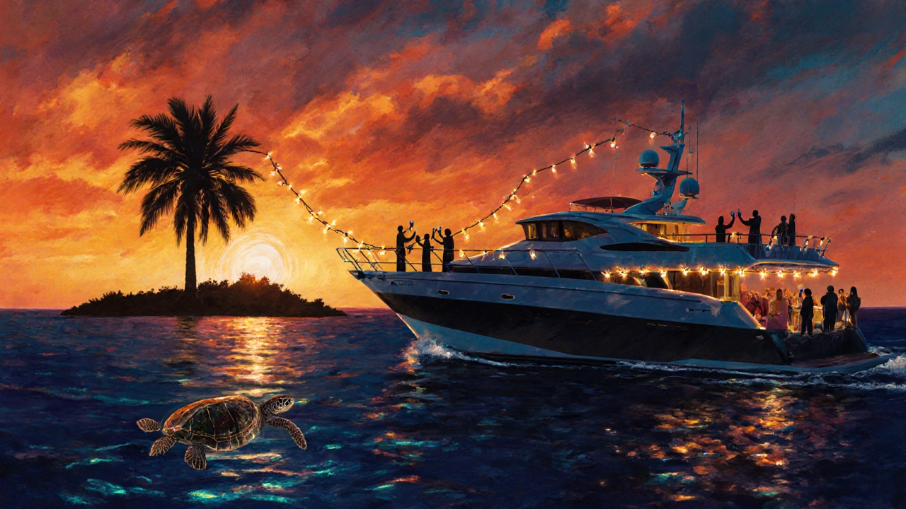 Sunset cruise yacht with twinkling lights and guests raising glasses against a vibrant orange and indigo sky.