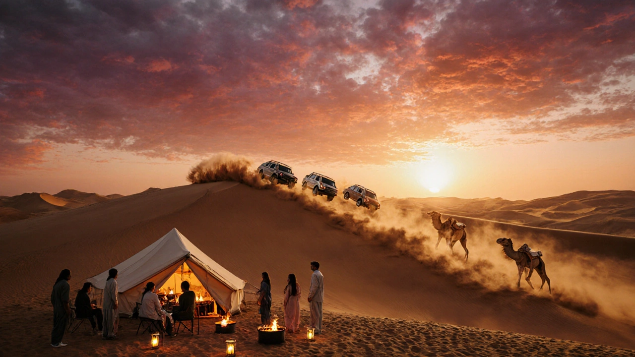 Sunset desert safari with dunes, 4×4s, camels and a lantern‑lit Bedouin camp.