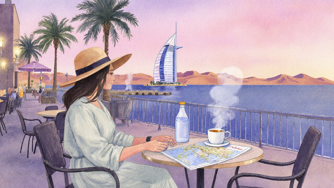Traveler at a dusk café planning a visit, surrounded by pastel skies and gentle city lights.