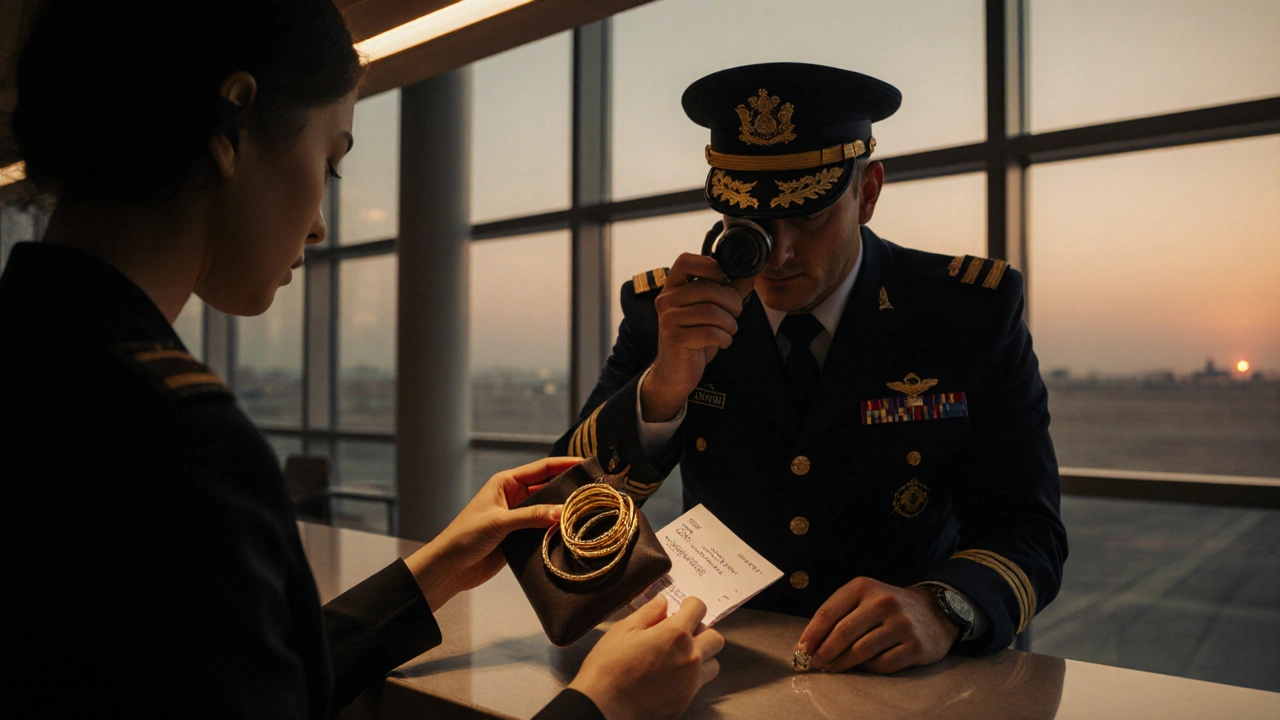 Traveler at airport customs showing gold jewelry and receipt to a customs officer.