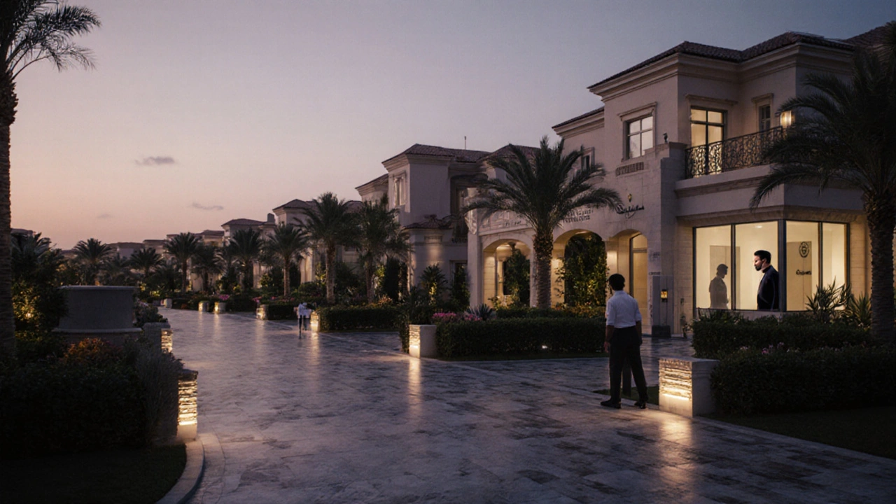 Twilight view of gated villas in Emirates Hills, showing luxury homes and subtle security.