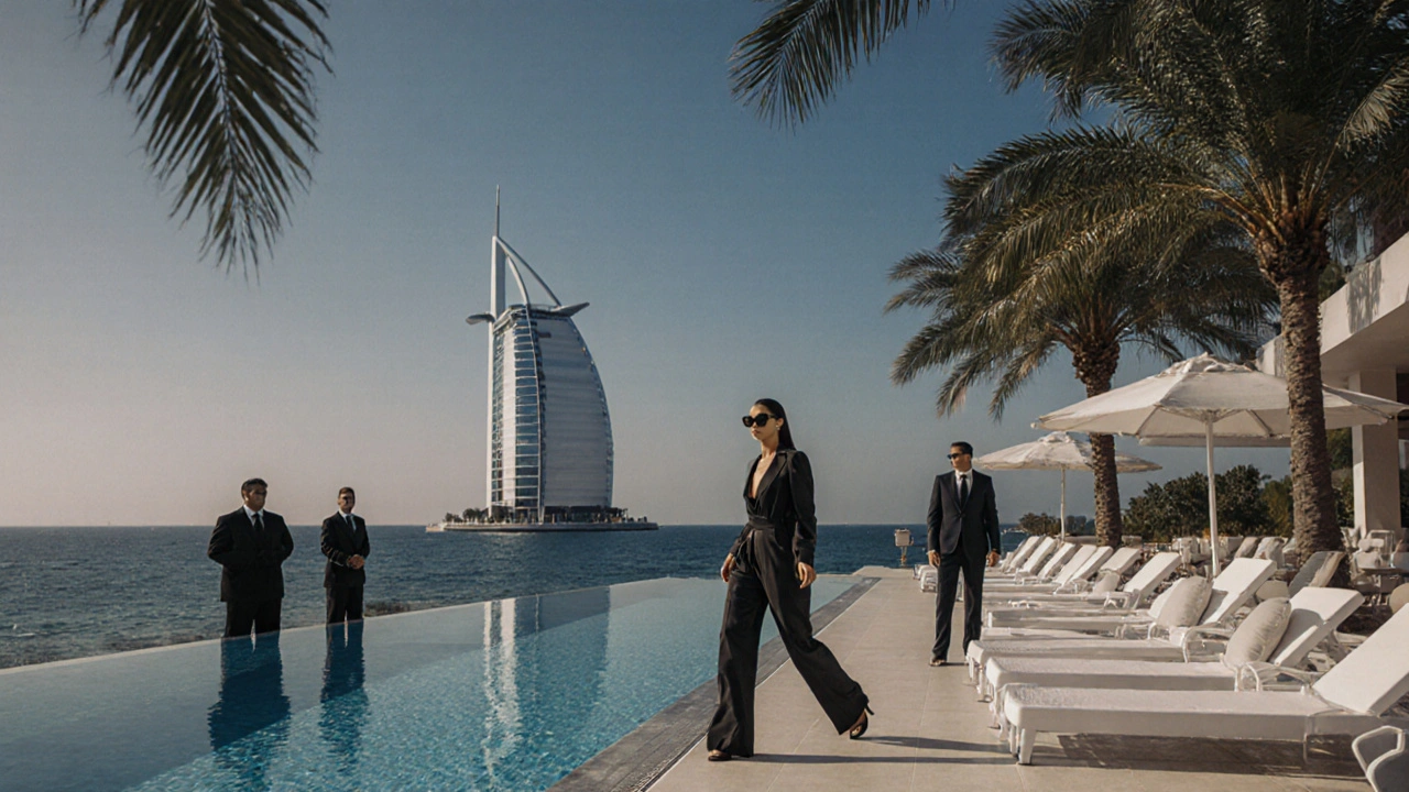 Upscale Palm Jumeirah beach club scene with a discreetly guarded celebrity by the infinity pool.