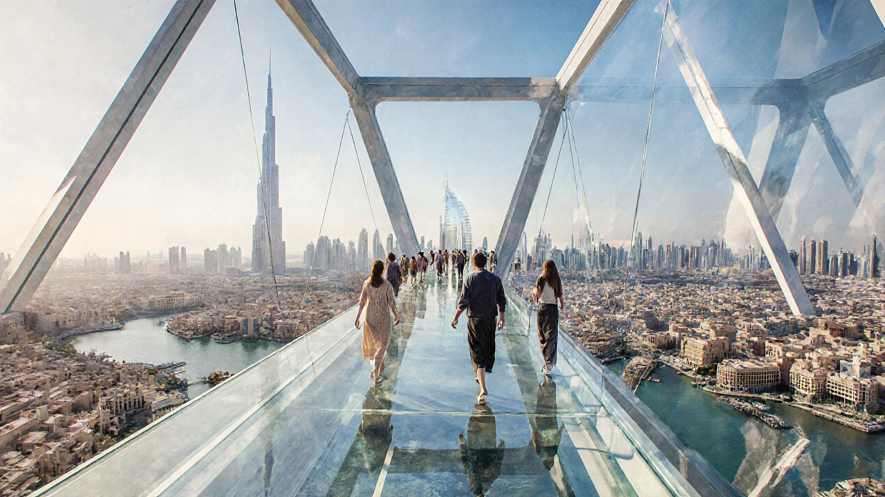 Visitors walking on the glass sky bridge with city skyline in background.