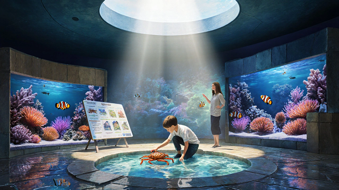 A child touches a horseshoe crab in the interactive Discovery Zone at Dubai Aquarium.