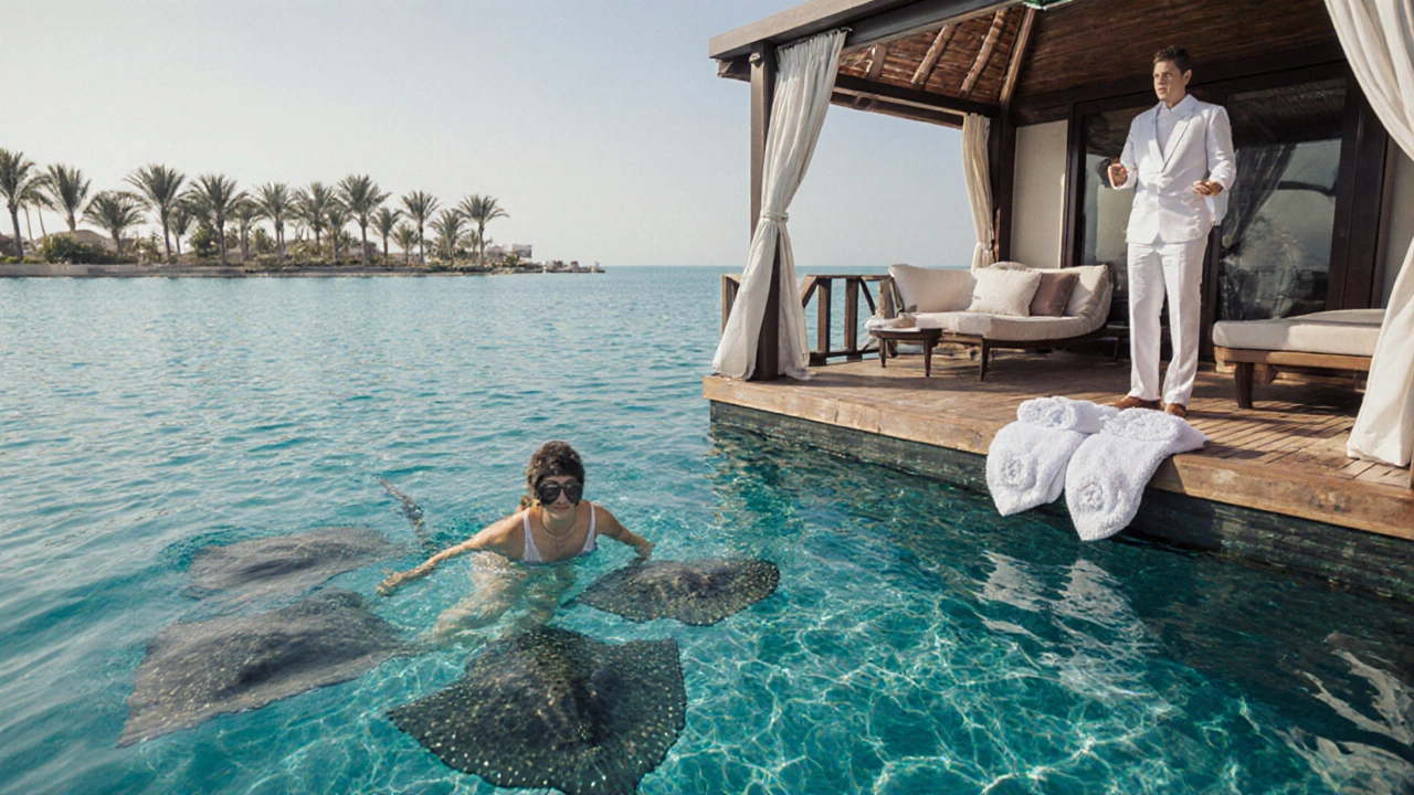 A guest snorkeling with stingrays in a private, crowd-free lagoon at Atlantis The Palm.