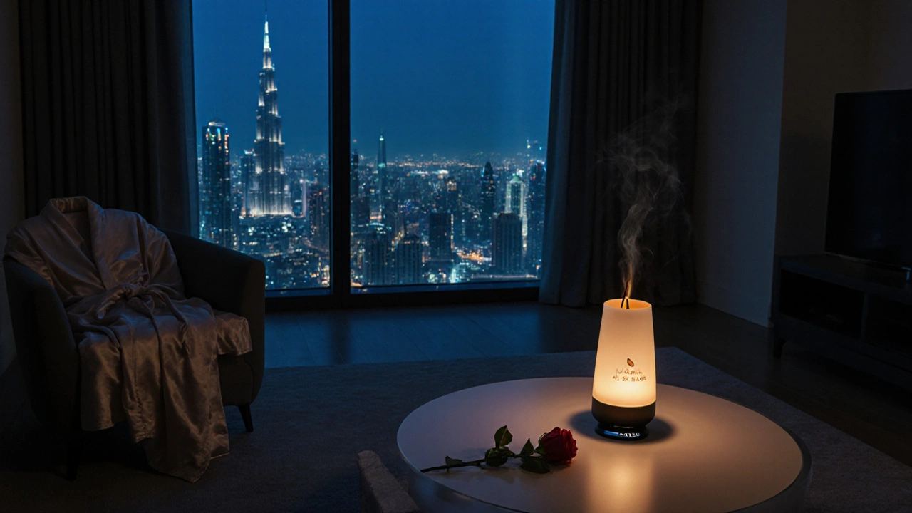 A modern electric incense burner glowing softly in a Dubai apartment at night.